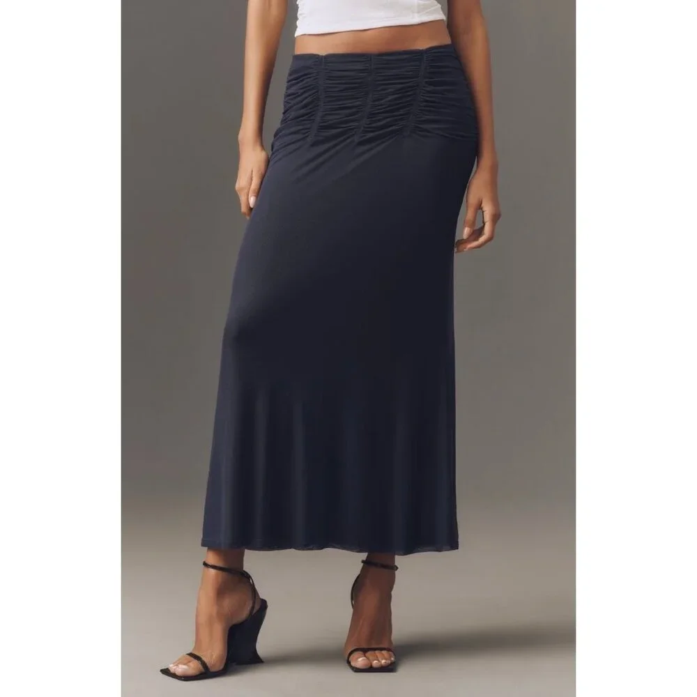 Maeve Anthropologie Ruched Yoke Column Maxi Skirt Size 2X Navy Storm